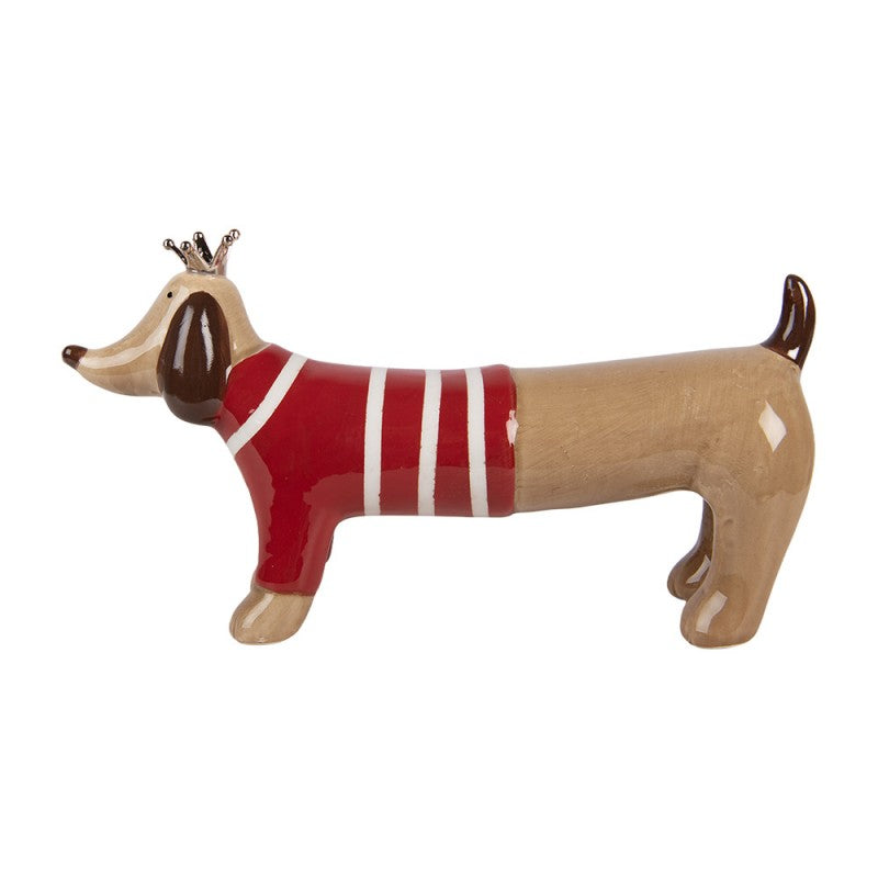 Dekofigur Hund Dackel mit Pullover & Krone Keramik Braun Rot 15x5x9 cm von Clayre & Eef (6CE2451)