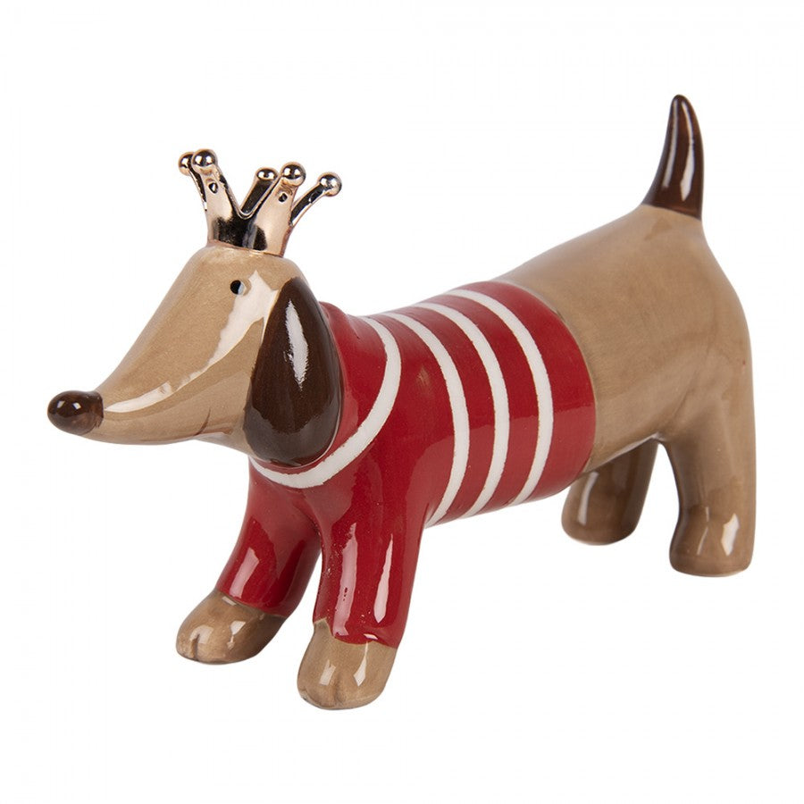 Dekofigur Hund Dackel mit Pullover & Krone groß Keramik Braun Rot 24x6x13 cm von Clayre & Eef (6CE2452)