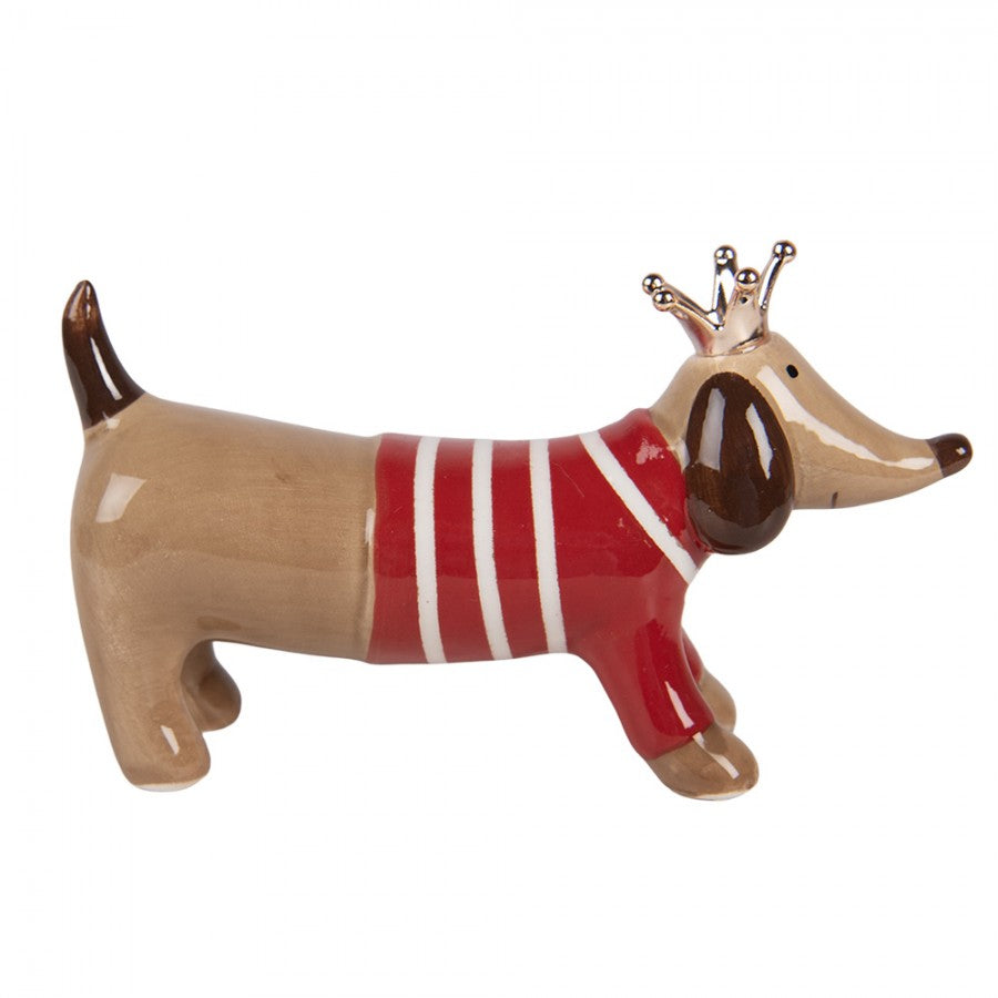 Dekofigur Hund Dackel mit Pullover & Krone groß Keramik Braun Rot 24x6x13 cm von Clayre & Eef (6CE2452)