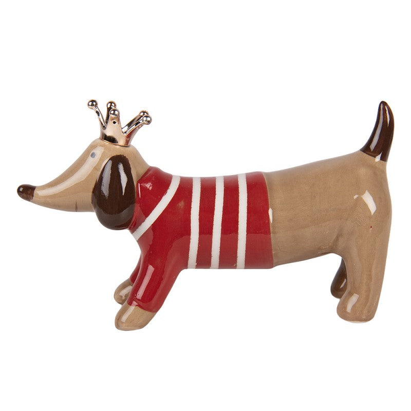 Dekofigur Hund Dackel mit Pullover & Krone groß Keramik Braun Rot 24x6x13 cm von Clayre & Eef (6CE2452)