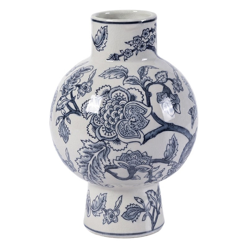 Chinoiserie-Dekovase Kugelform auf Standfuß Pfingstrosen Blau-Weiß Keramik Ø 18x27 cm von Clayre & Eef (6CE2553)