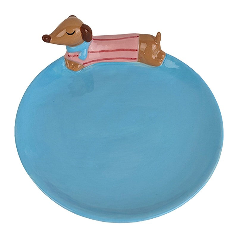 Keramikteller Dackel mit Pullover Türkisblau 15x14x5 cm Frühstücksteller von Clayre & Eef (6CEDP0133)