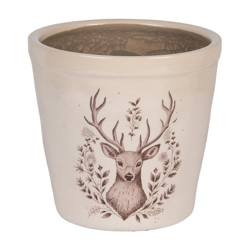 Clayre & Eef Blumentopf „Winter-Hirsch“ aus Keramik in Beige, Ø 15 cm (6CEGTW0001M)