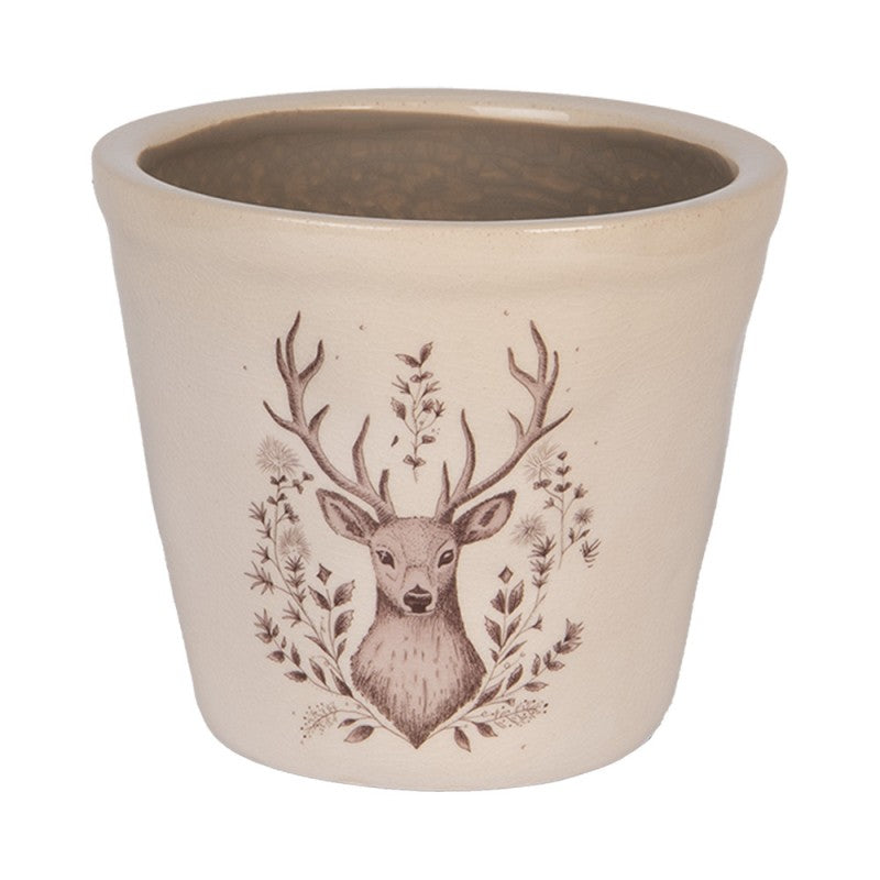 Clayre & Eef Blumentopf „Winter-Hirsch“ aus Keramik in Beige, Ø 12 cm (6CEGTW0001S)