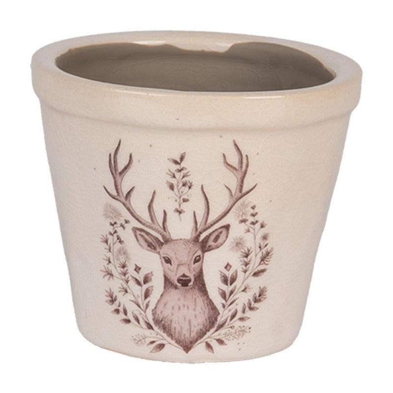Clayre & Eef Blumentopf „Winter-Hirsch“ aus Keramik in Beige, Ø 8 cm (6CEGTW0001XS)