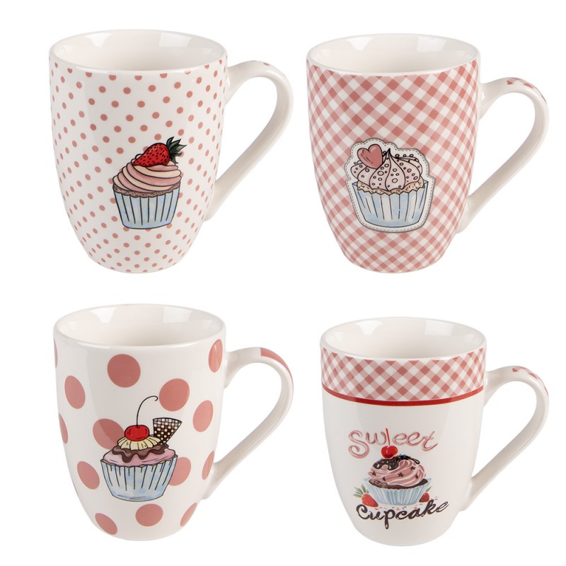 Kaffeebecher 4er-Set Keramik Cupcakes Pastell Rosa-Weiß 12x8x10 cm 300 ml von Clayre & Eef (6CEMS0045)