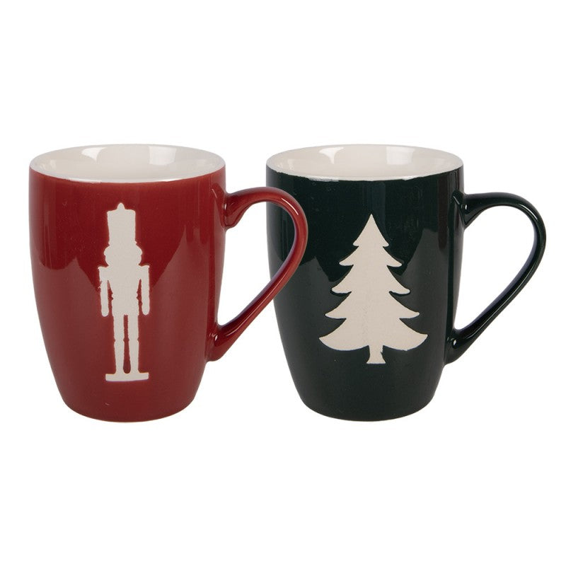 Weihnachtstassen 2er-Set Porzellan Nussknacker Tannenbaum Rot-Grün 12x8x11 cm 350 ml von Clayre & Eef (6CEMS0056)