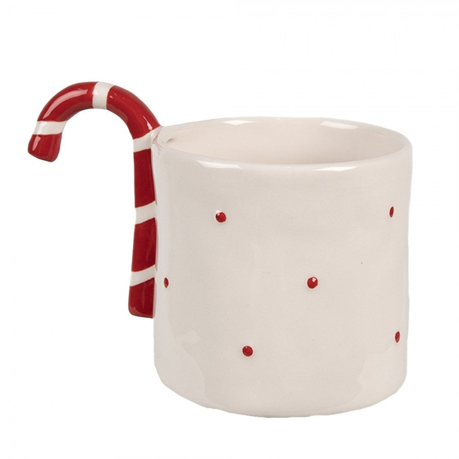 Weihnachtsbecher Keramik gepunktet Zuckerstangen-Henkel & Pünktchen Weiß-Rot 14x9x10 cm 325 ml von Clayre & Eef (6CEMU0153)