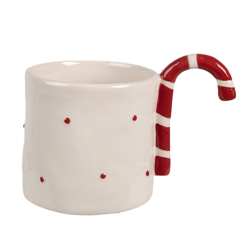 Weihnachtsbecher Keramik gepunktet Zuckerstangen-Henkel & Pünktchen Weiß-Rot 14x9x10 cm 325 ml von Clayre & Eef (6CEMU0153)