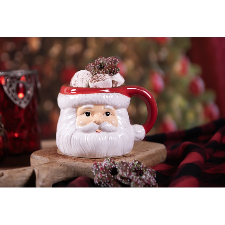 3D Weihnachtstasse Keramik plastisch Weihnachtsmann Santa Claus Rot-Weiß 14x11x9 cm 400 ml von Clayre & Eef (6CEMU0154)
