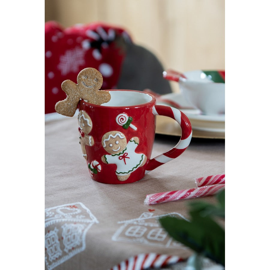 Weihnachtsbecher Keramik mit Zuckerstangen-Henkel Lebkuchenmann  Rot 14x9x10 cm 325 ml von Clayre & Eef (6CEMU0158)
