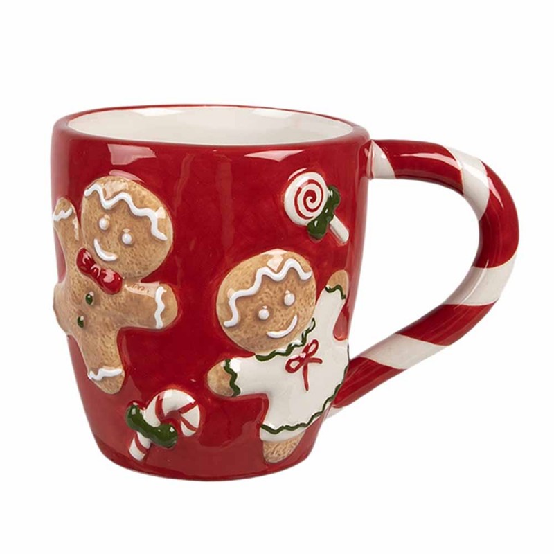 Weihnachtsbecher Keramik mit Zuckerstangen-Henkel Lebkuchenmann  Rot 14x9x10 cm 325 ml von Clayre & Eef (6CEMU0158)