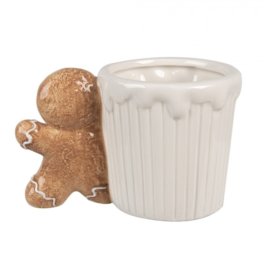 Weihnachtsbecher Keramik Pfefferkuchenmann mit Zuckerstange Weiß-Braun 15x10x10 cm 350 ml von Clayre & Eef (6CEMU0159)
