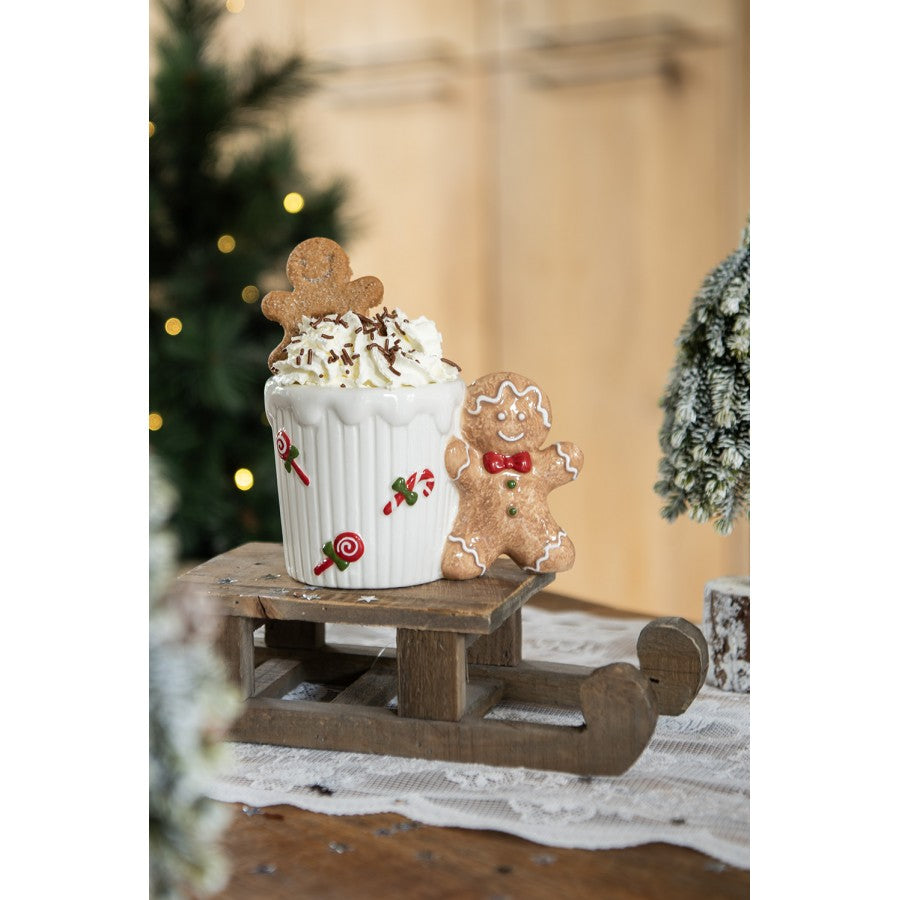 Weihnachtsbecher Keramik Pfefferkuchenmann mit Zuckerstange Weiß-Braun 15x10x10 cm 350 ml von Clayre & Eef (6CEMU0159)