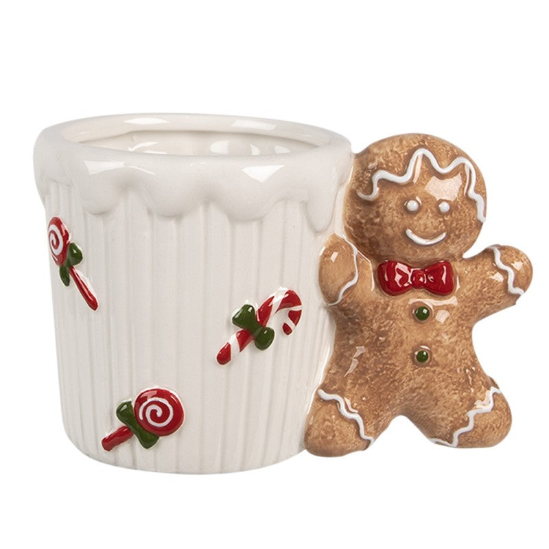 Weihnachtsbecher Keramik Pfefferkuchenmann mit Zuckerstange Weiß-Braun 15x10x10 cm 350 ml von Clayre & Eef (6CEMU0159)