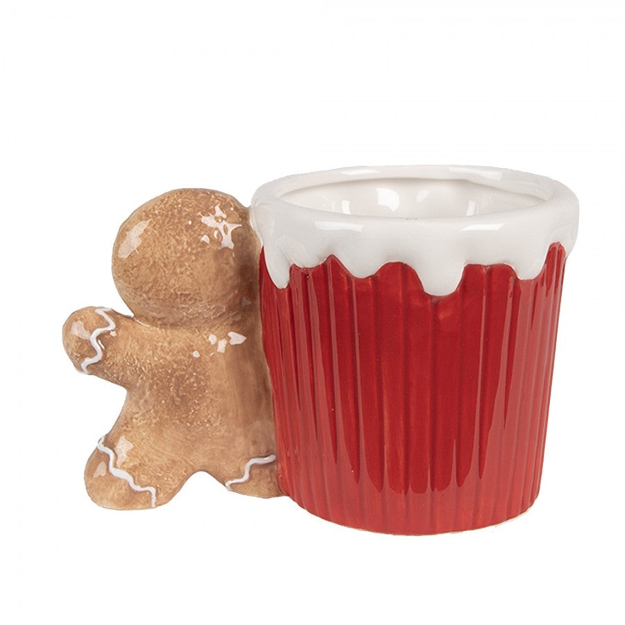 Weihnachtsbecher Keramik geriffelt Lebkuchenmann-Henkel Rot 15x10x10 cm 350 ml von Clayre & Eef (6CEMU0160)