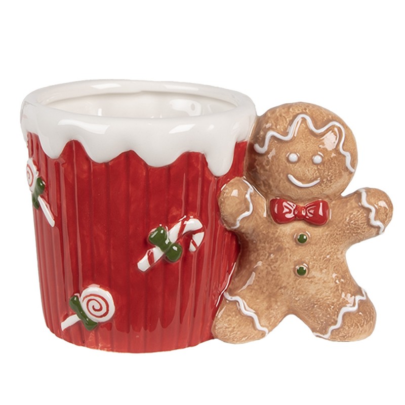 Weihnachtsbecher Keramik geriffelt Lebkuchenmann-Henkel Rot 15x10x10 cm 350 ml von Clayre & Eef (6CEMU0160)