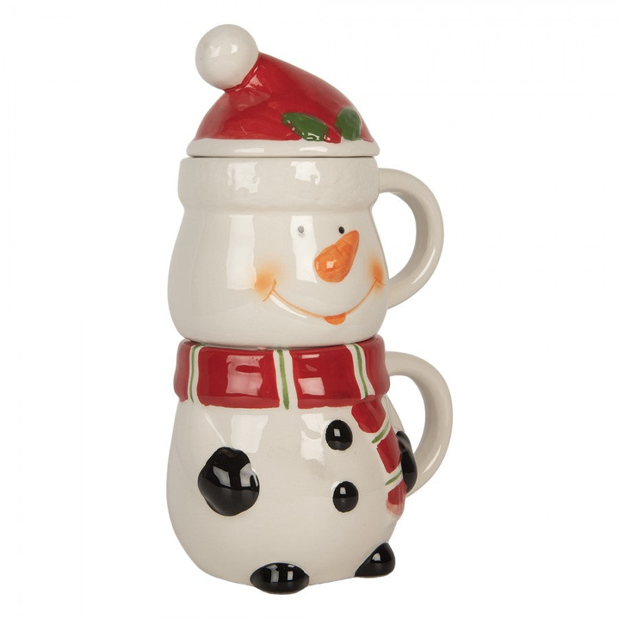 Stapeltassen 2-in-1 Set Keramik Schneemann mit Deckel Weiß-Rot 13x9x22 cm 300/375 ml von Clayre & Eef (6CEMU0194)