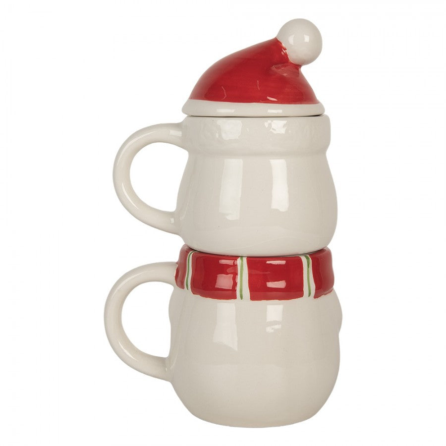 Stapeltassen 2-in-1 Set Keramik Schneemann mit Deckel Weiß-Rot 13x9x22 cm 300/375 ml von Clayre & Eef (6CEMU0194)