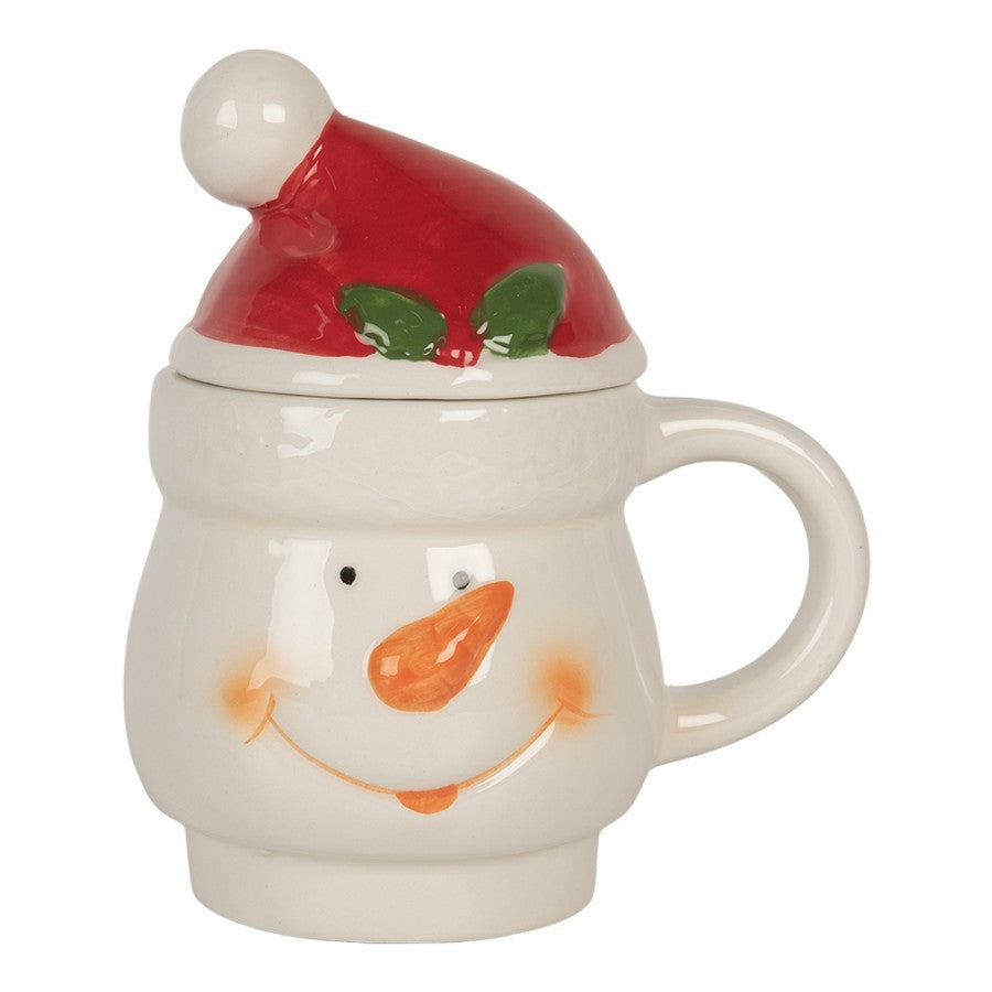 Stapeltassen 2-in-1 Set Keramik Schneemann mit Deckel Weiß-Rot 13x9x22 cm 300/375 ml von Clayre & Eef (6CEMU0194)