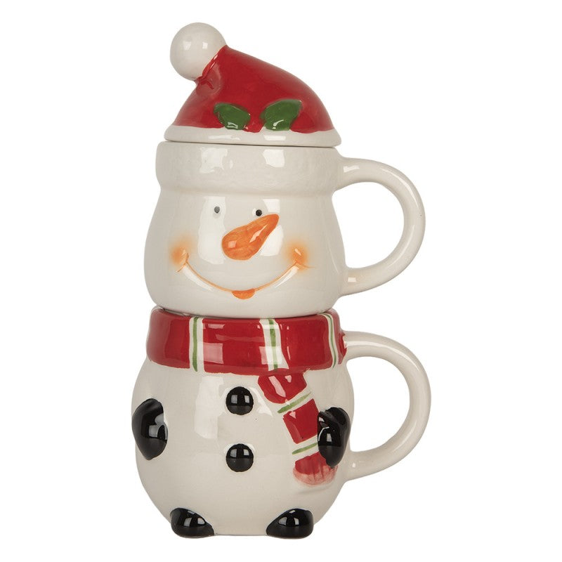 Stapeltassen 2-in-1 Set Keramik Schneemann mit Deckel Weiß-Rot 13x9x22 cm 300/375 ml von Clayre & Eef (6CEMU0194)