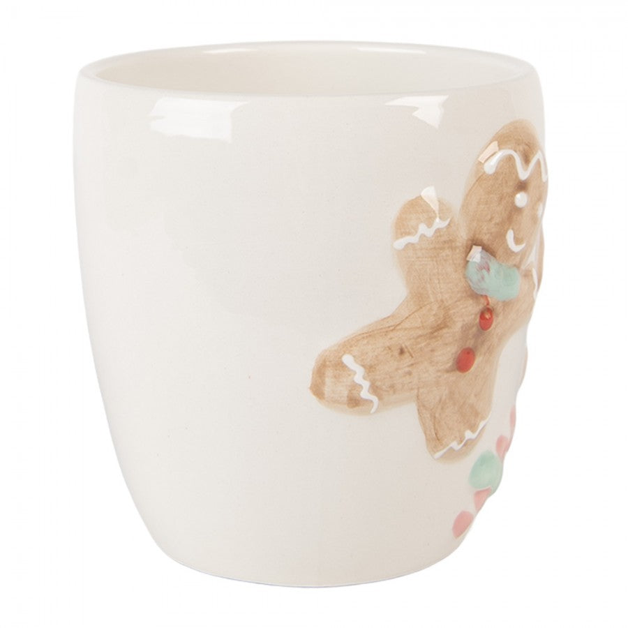 Weihnachtsbecher Keramik mit Zuckerstangen-Henkel Lebkuchenmann Motiv Weiß-Rot 14x9x10 cm 350 ml von Clayre & Eef (6CEMU0198)