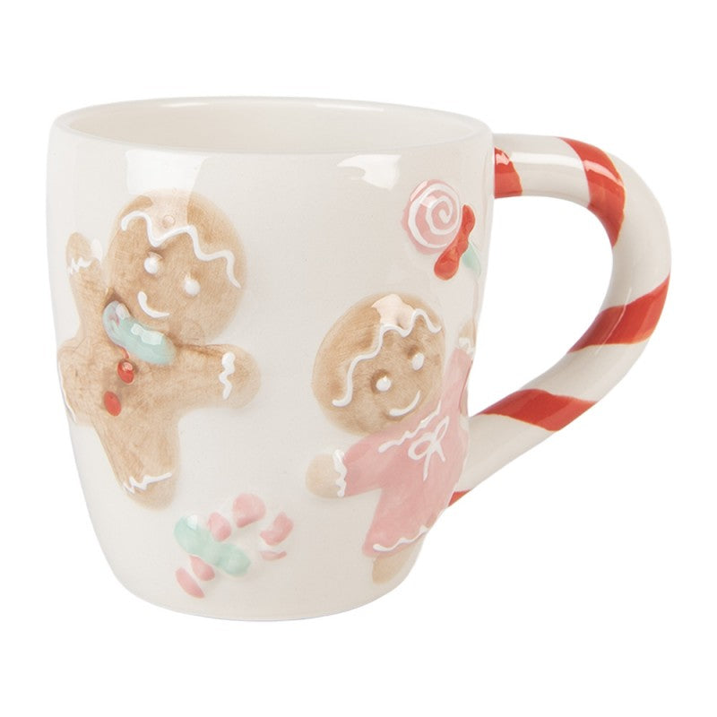 Weihnachtsbecher Keramik mit Zuckerstangen-Henkel Lebkuchenmann Motiv Weiß-Rot 14x9x10 cm 350 ml von Clayre & Eef (6CEMU0198)