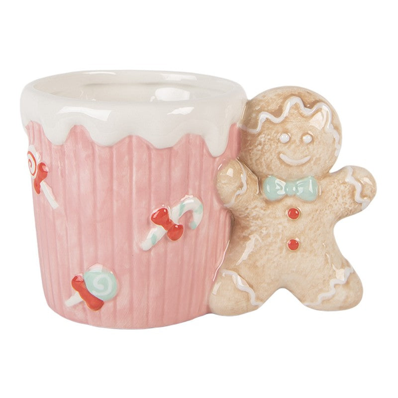 Weihnachtsbecher Keramik mit Candy-Zuckerguss & Henkel Lebkuchenmann Candy Zuckerguss Rosa 15x10x10 cm 350 ml von Clayre & Eef (6CEMU0199)