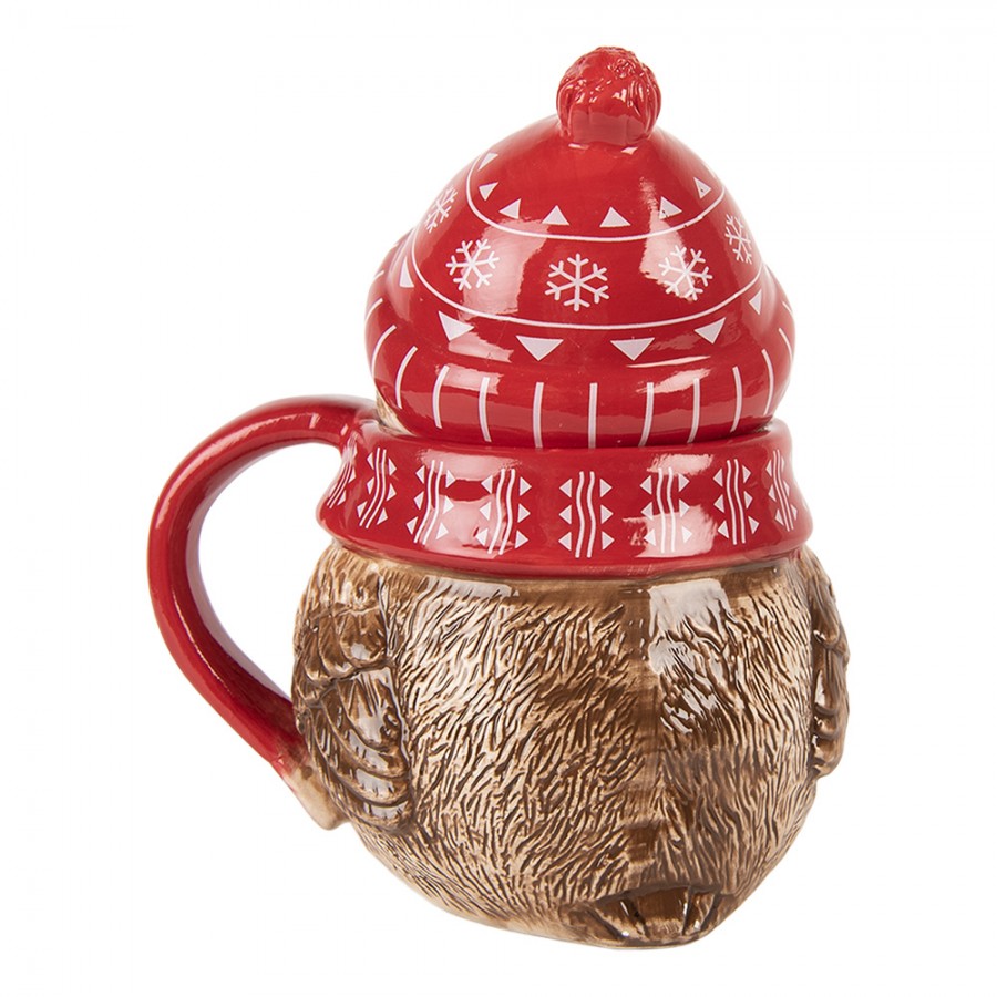 3D Weihnachtsbecher mit Deckel Keramik Wintereule Rot 15x11x17 cm 500 ml von Clayre & Eef (6CEMU0203)