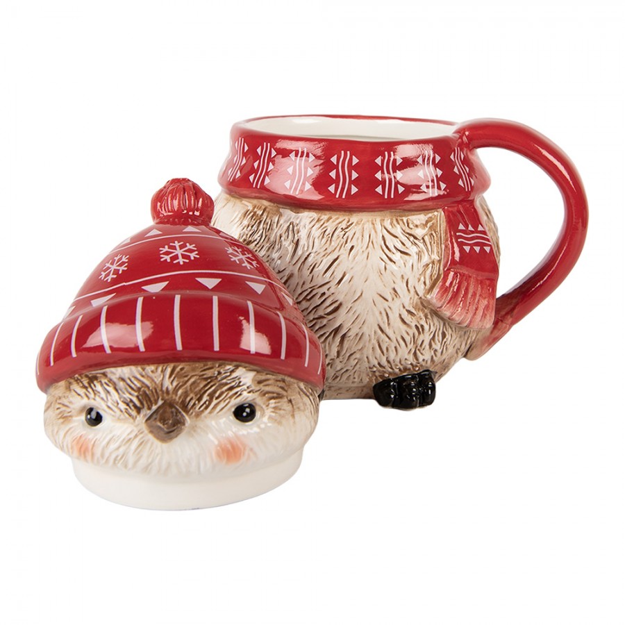3D Weihnachtsbecher mit Deckel Keramik Wintereule Rot 15x11x17 cm 500 ml von Clayre & Eef (6CEMU0203)