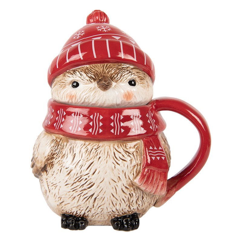 3D Weihnachtsbecher mit Deckel Keramik Wintereule Rot 15x11x17 cm 500 ml von Clayre & Eef (6CEMU0203)