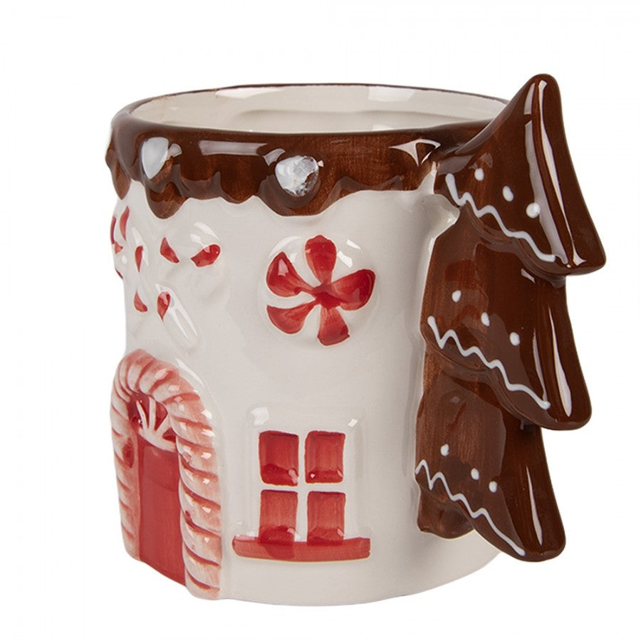 Weihnachtstasse Keramik Lebkuchenhaus mit 3D-Tannenbaum-Henkel Lebkuchenhaus Braun-Weiß-Rot 13x10x11 cm 400 ml von Clayre & Eef (6CEMU0205)