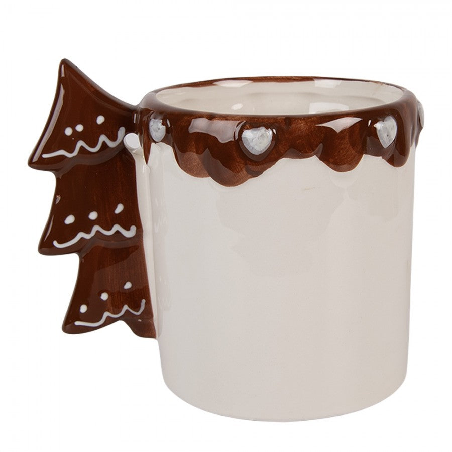 Weihnachtstasse Keramik Lebkuchenhaus mit 3D-Tannenbaum-Henkel Lebkuchenhaus Braun-Weiß-Rot 13x10x11 cm 400 ml von Clayre & Eef (6CEMU0205)