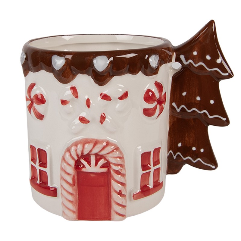 Weihnachtstasse Keramik Lebkuchenhaus mit 3D-Tannenbaum-Henkel Lebkuchenhaus Braun-Weiß-Rot 13x10x11 cm 400 ml von Clayre & Eef (6CEMU0205)