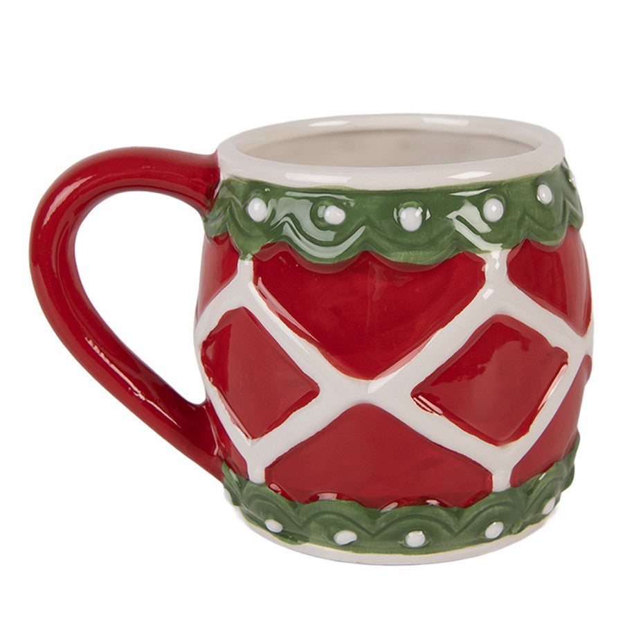 Weihnachtsbecher Keramik Rautenmuster Relief-Rand Rot-Grün-Weiß 13x10x9 cm 375 ml von Clayre & Eef (6CEMU0208)