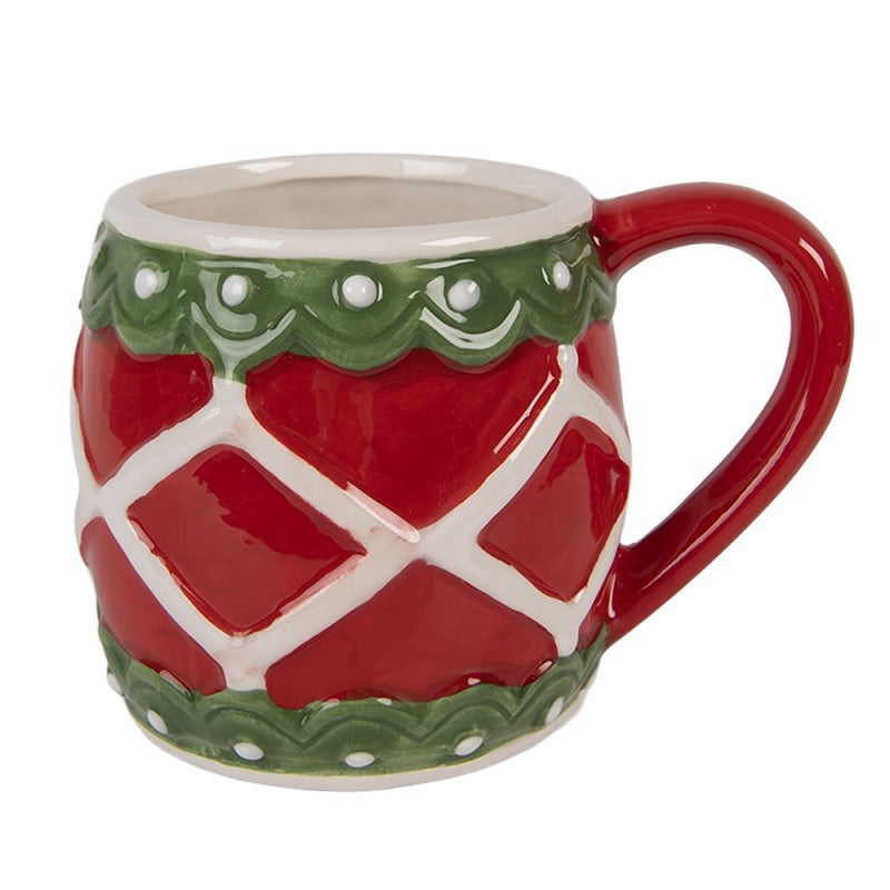 Weihnachtsbecher Keramik Rautenmuster Relief-Rand Rot-Grün-Weiß 13x10x9 cm 375 ml von Clayre & Eef (6CEMU0208)