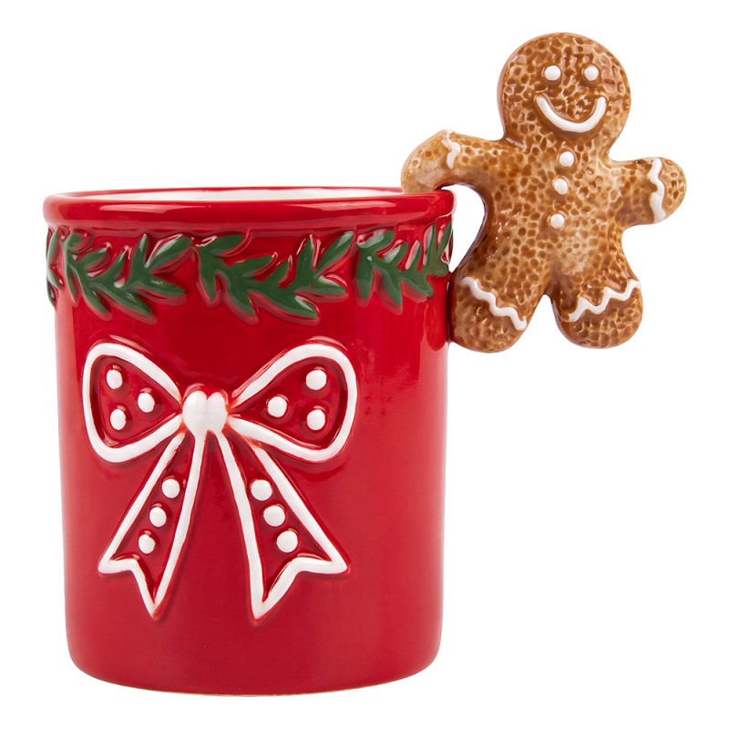 Weihnachtstasse Keramik Weihnachtsmotiv mit Lebkuchenmann-Henkel Rot 14x9x13 cm 350 ml von Clayre & Eef (6CEMU0230)