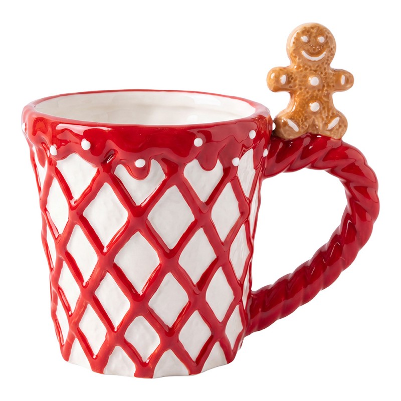 Weihnachtstasse Keramik Rautenmuster mit Lebkuchenmann-Henkel Rot-Weiß 14x10x13 cm 350 ml von Clayre & Eef (6CEMU0231)
