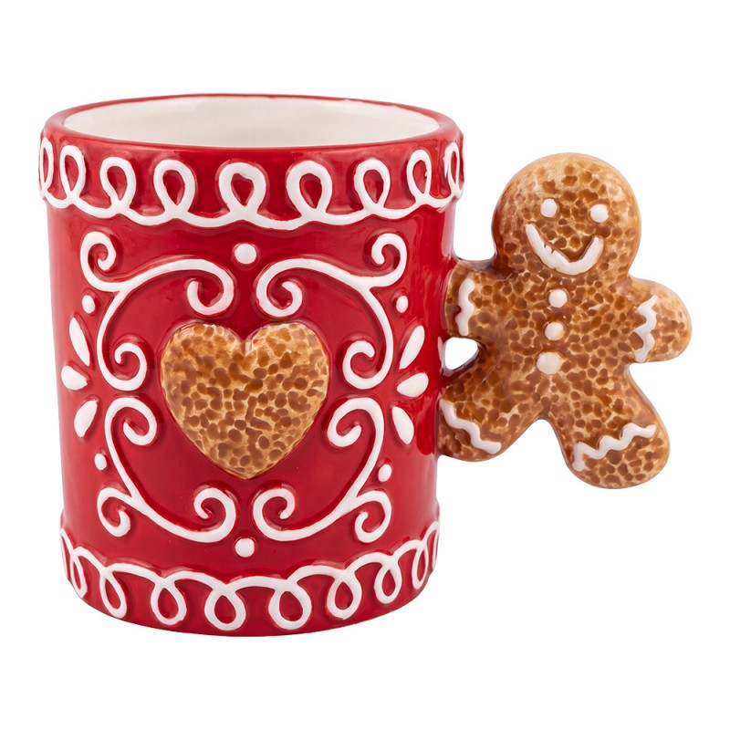 Weihnachtstasse Keramik Ranken und Herz mit Lebkuchenmann-Henkel Rot-Weiß 13x8x10 cm 350 ml von Clayre & Eef (6CEMU0232)