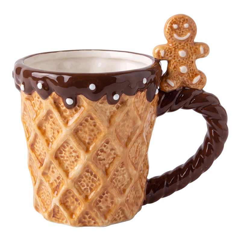 Weihnachtstasse Keramik Eiswaffelstruktur mit Lebkuchenmann-Henkel Braun 14x10x13 cm 350 ml von Clayre & Eef (6CEMU0233)