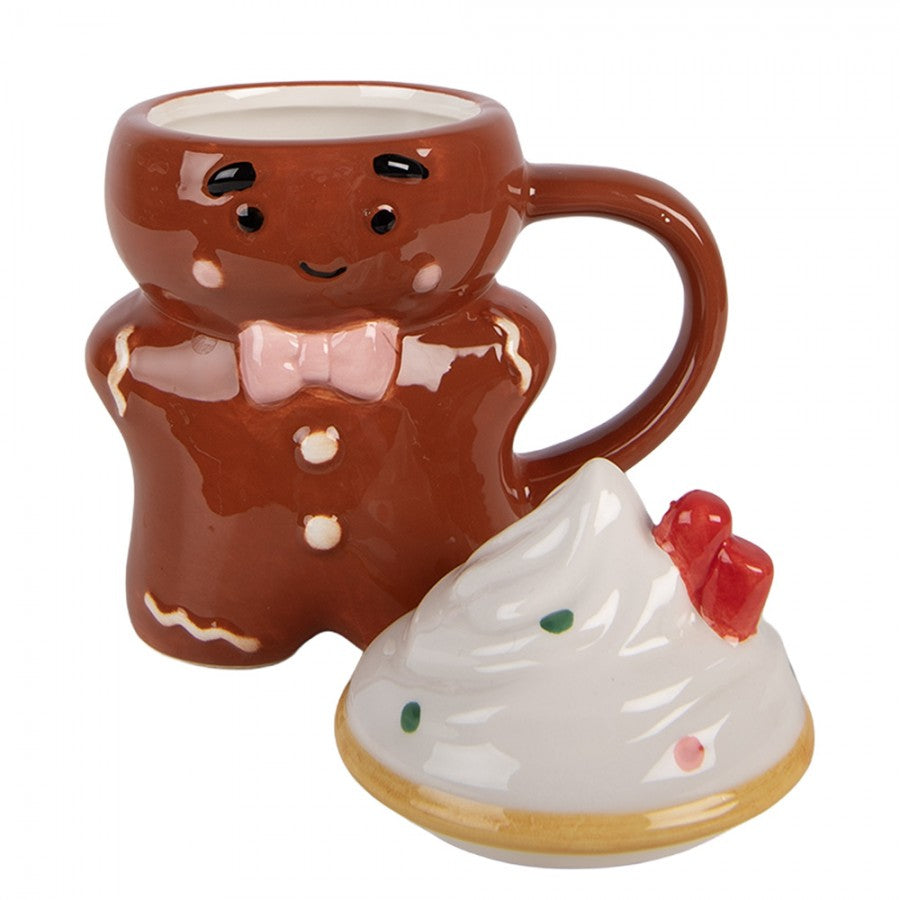3D Weihnachtsbecher mit Deckel Keramik Lebkuchenmann Braun 12x8x15 cm 250 ml von Clayre & Eef (6CEMU0240)