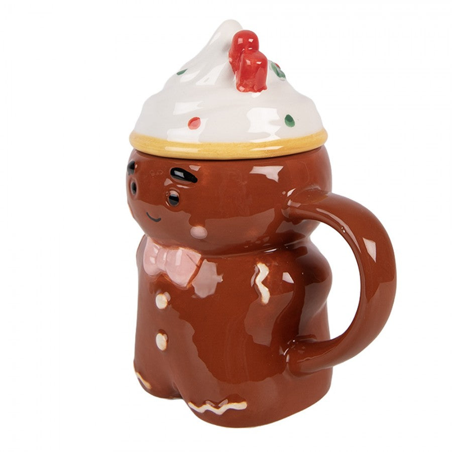 3D Weihnachtsbecher mit Deckel Keramik Lebkuchenmann Braun 12x8x15 cm 250 ml von Clayre & Eef (6CEMU0240)