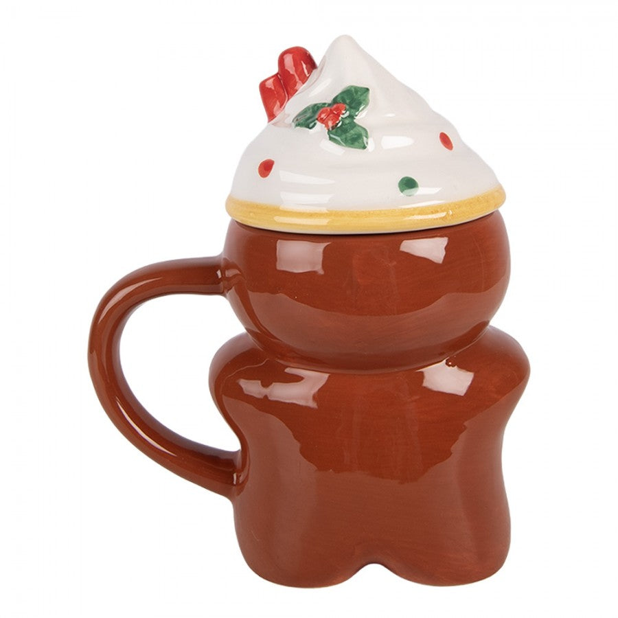 3D Weihnachtsbecher mit Deckel Keramik Lebkuchenmann Braun 12x8x15 cm 250 ml von Clayre & Eef (6CEMU0240)
