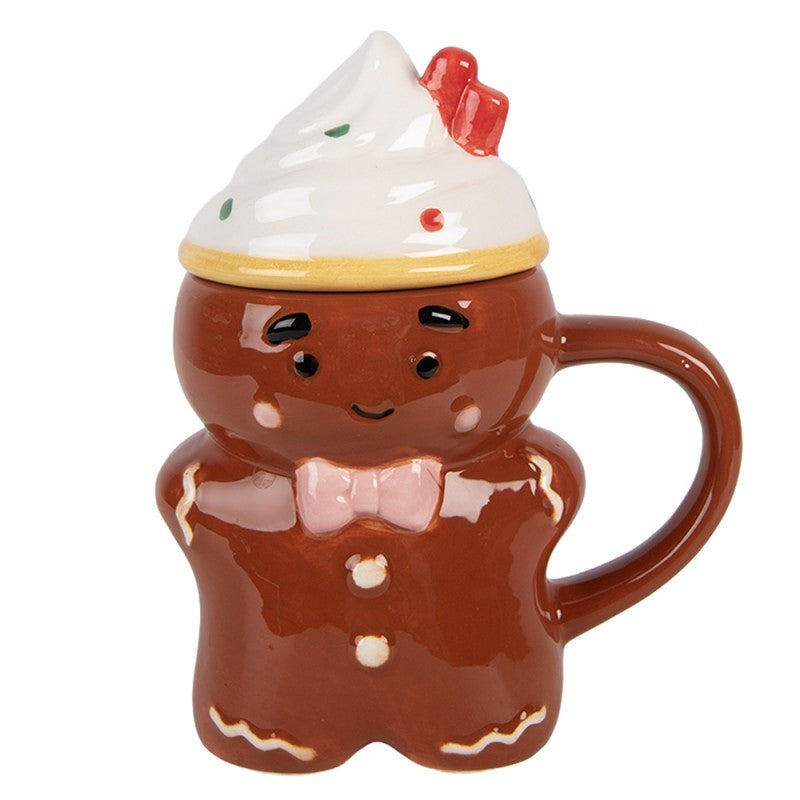 3D Weihnachtsbecher mit Deckel Keramik Lebkuchenmann Braun 12x8x15 cm 250 ml von Clayre & Eef (6CEMU0240)