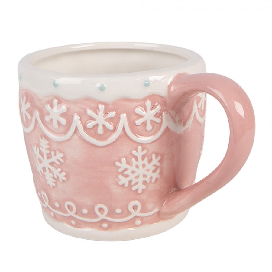 Weihnachtsbecher Keramik Eisblumen-Sterne Rosa 14x10x9 cm 300 ml von Clayre & Eef (6CEMU0242)