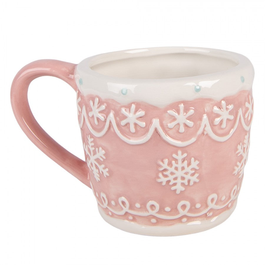 Weihnachtsbecher Keramik Eisblumen-Sterne Rosa 14x10x9 cm 300 ml von Clayre & Eef (6CEMU0242)