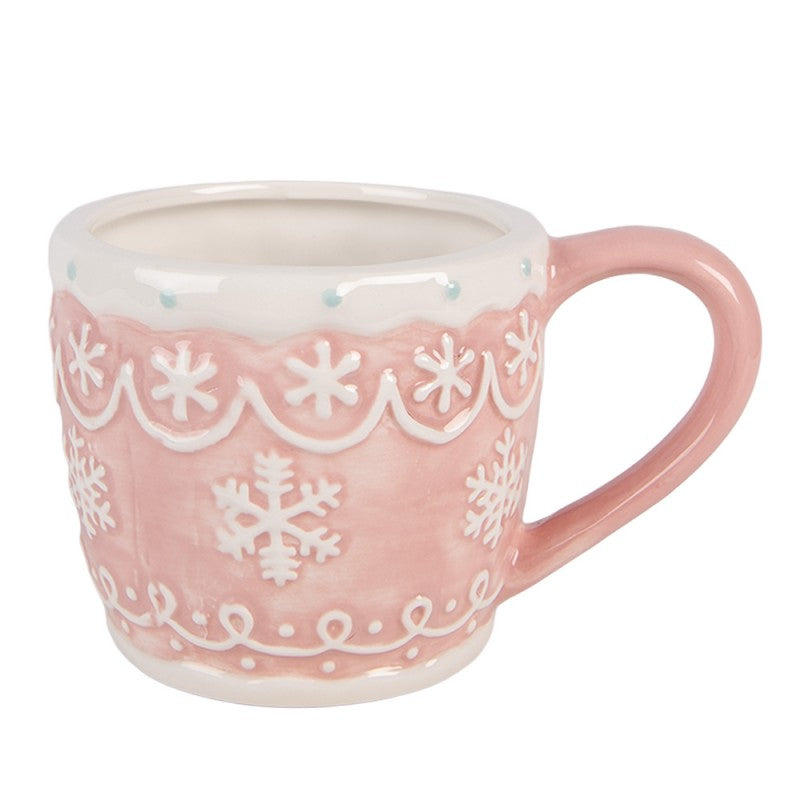 Weihnachtsbecher Keramik Eisblumen-Sterne Rosa 14x10x9 cm 300 ml von Clayre & Eef (6CEMU0242)