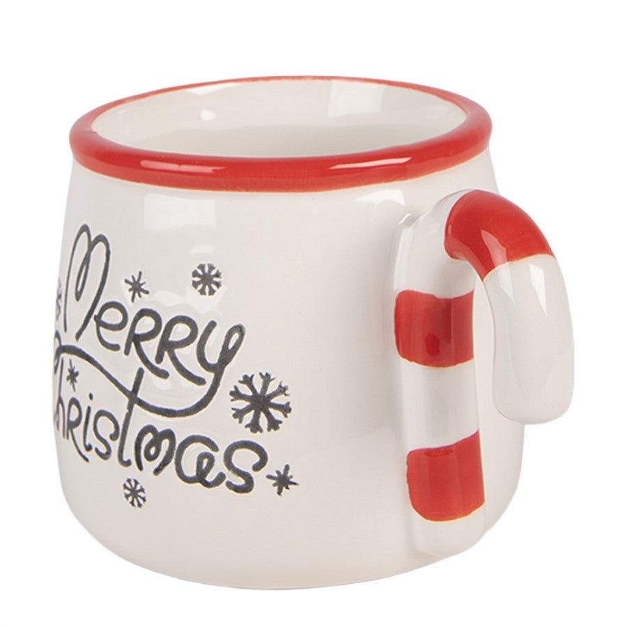 Weihnachtsbecher Keramik Merry Christmas mit Zuckerstange Weiß-Rot 13x10x8 cm 300 ml von Clayre & Eef (6CEMU0243)