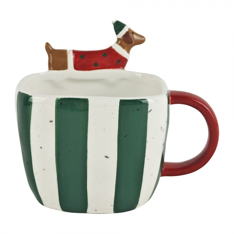 Weihnachtsbecher Keramik Gestreift mit Zuckerstange Rot-Grün-Weiß 14x10x11 cm 400 ml von Clayre & Eef (6CEMU0244)