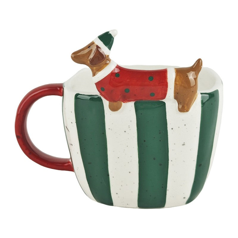 Weihnachtsbecher Keramik Gestreift mit Zuckerstange Rot-Grün-Weiß 14x10x11 cm 400 ml von Clayre & Eef (6CEMU0244)